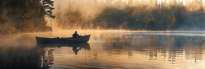 Poster - A fisherman quietly rows a small boat through a foggy lake at sunrise, surrounded by still water and tranquil scenery. Generative AI