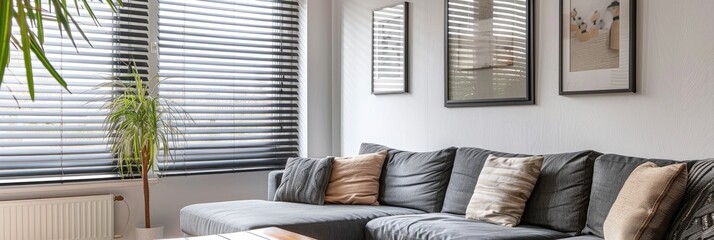 Poster - Wooden table positioned in front of a grey sofa within a naturally lit living room featuring blinds and artwork.