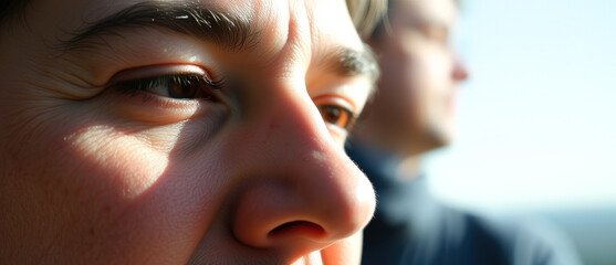 Wall Mural - Close-up of a woman's face with sunlight illuminating her skin