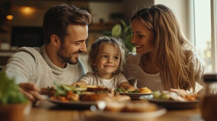 Wall Mural - A modern family enjoying a healthy and colorful dinner together.