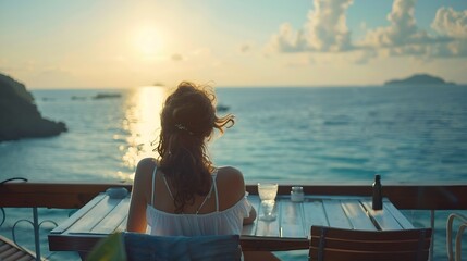 A woman enjoys the view of the sea with a beautiful view from the terrace in the early summer morning : Generative AI