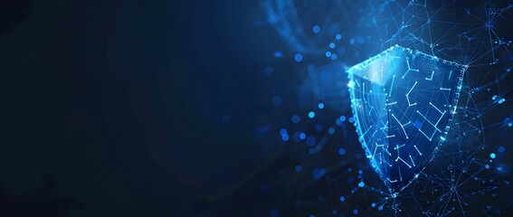 Poster - Cyber security, data protection and business technology concept banner with digital shield symbol on blue background