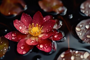 Poster - Red flower drifting above, droplets of moisture on leaves and petals