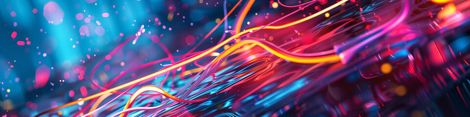 Wall Mural - Streaming neon. Cyberpunk Technical background abstraction UI UX modern trendy design. Place for text. Template poster invitation banner email header. 3D Digital art. Horizontal. Generative Ai content