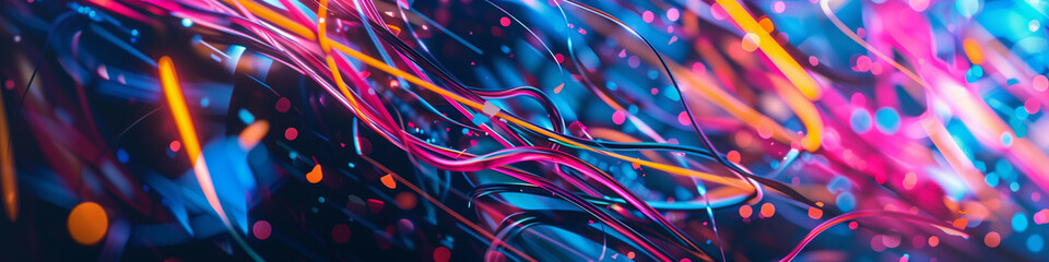 Wall Mural - Streaming neon. Cyberpunk Technical background abstraction UI UX modern trendy design. Place for text. Template poster invitation banner email header. 3D Digital art. Horizontal. Generative Ai content