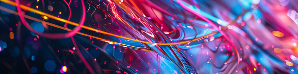Wall Mural - Streaming neon. Cyberpunk Technical background abstraction UI UX modern trendy design. Place for text. Template poster invitation banner email header. 3D Digital art. Horizontal. Generative Ai content