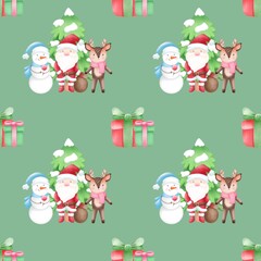 Poster - Seamless pattern Christmas characters . Watercolor festive seamless pattern for Christmas and New Year.Holiday illustration.Holiday packaging.Christm as tree decor.Print for gifts.