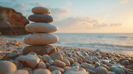 Pebble tower balance harmony stones arrangement on sea beach coastline Relaxing peaceful formation pyramid cobblestone philosophy equilibrium spiritual tranquility Spa therapy summer t : Generative AI