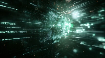 Fototapete - Digital data stream with green light particles. 3D rendering style. Cybersecurity and data transfer concept. Design for technology backgrounds and futuristic visualizations