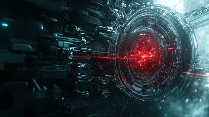 Poster - futuristic red energy core surrounded by digital circuits. 3d rendering style. artificial intelligen