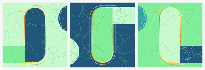Poster - Abstract geometric, Green tones shapes poster set in mid modern style. Abstract Paintings. Set of vector illustrations. Design elements.