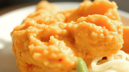 Wall Mural - Close-up of creamy butternut squash sauce on noodles