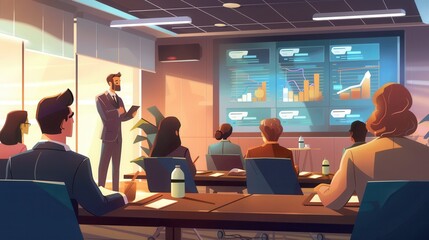 Aufkleber - An expert delivers a financial seminar in a contemporary conference room while attendees actively engage with the presentation content. Generative AI