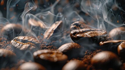 Wall Mural - Roasted coffee beans Seeds of freshly roasted coffee with smoke Coffee beans closeup with emphasis on the grain with smoke : Generative AI