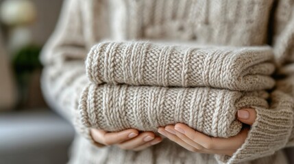 A close-up of a young woman's hand holding a knitted sweater, the fabric folded and ready for the chilly winter days ahead