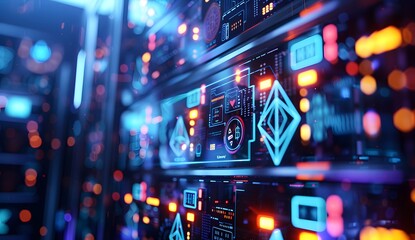 Poster - a close up of an open data center server rack with glowing holographic logos and symbols representin