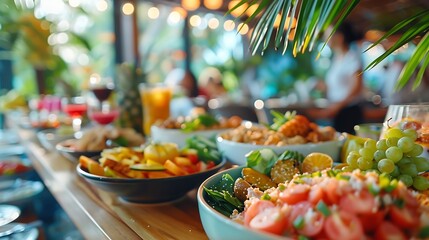 Wall Mural - Breakfast in tropical hotel with sea view Buffet food in restaurant in modern resort Concept of travel and summer vacation : Generative AI