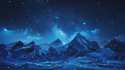 Abstract night mountains digital landscape. Digital low poly wireframe illustration with 3D effect. Panorama of geometric peaks and starry sky on a technology blue background.