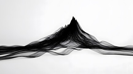 Abstract Black Mountain-Like Form Created with Thin Lines on White Background