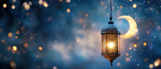 Illuminated Lantern Hanging Against a Night Sky with Crescent Moon and Bokeh Lights