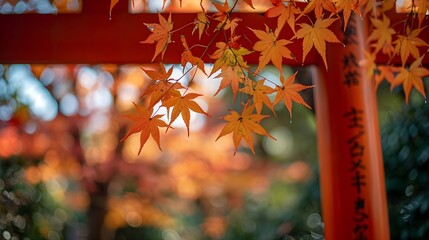 Vibrant autumn leaves surround a bold red torii gate symbolizing japans tradition and natural beauty : Generative AI