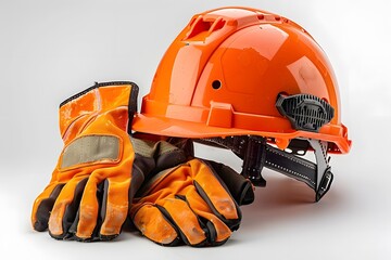 Safety Gear: Orange Hard Hat and Work Gloves for Construction and Industrial Use