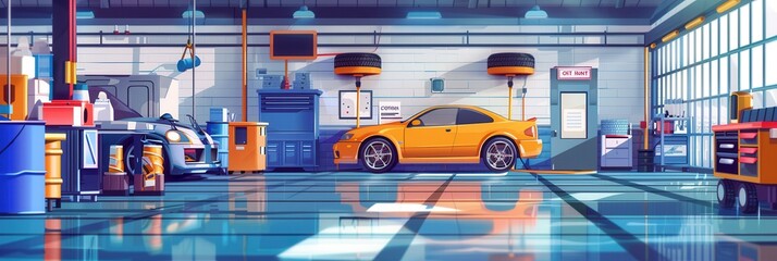 Poster - Inside a bustling garage, two modified cars sit prominently on a shiny floor, illuminated by natural light filtering through large windows. Generative AI