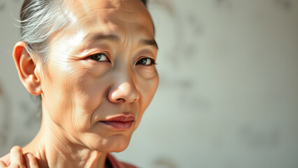 Wall Mural - Close-up of a woman's face with wrinkles and a thoughtful expression