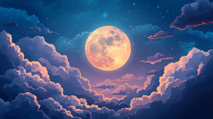 Cartoon illustration of the moon in the night sky among colorful clouds