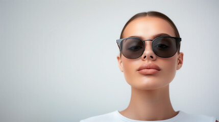 Wall Mural - Classic black sunglasses with a minimalist design, worn by a model exuding confidence and modern elegance.