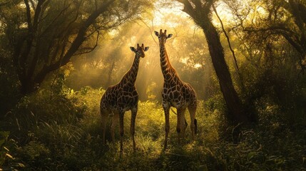 Sticker - Two Giraffes Standing in a Forest Clearing at Sunset