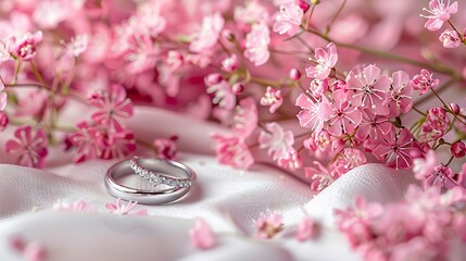 Wall Mural - pink flowers and silver ring on a layered white background : Generative AI