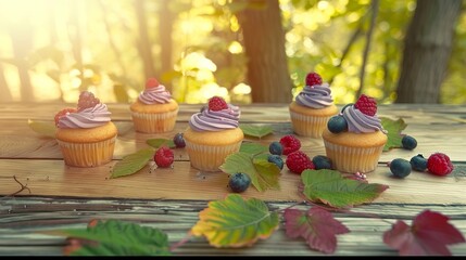 cupcakes on the wooden table in colorful natural background with sun light flare