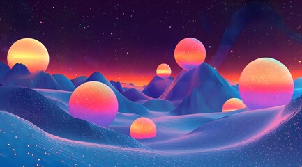 Wall Mural - Abstract Landscape with Holographic Spheres and a Starry Sky