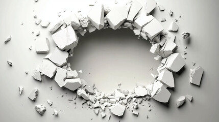 3D white background featuring a round hole with cracks and shattered elements, with concrete fragments flying around. The edges have a white gradient, and the center is illuminated with bright lightin