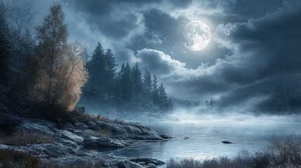 Poster - Full Moon Illuminating a Misty Lake in a Forest