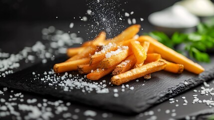 Poster - An artistic composition of French fries on a black slate plate with garnishes of truffle shavings and parmesan cheese creating a luxurious feel Camera lens 50mm Stock Photo with copy space