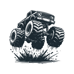 Canvas Print - The big foot monster truck. Black white vector illustration.