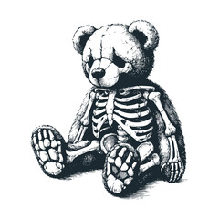 Canvas Print - The teddy bear show the skull and bone. Black white vector illustration.
