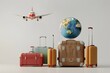 © Kdhtdg - 3d render of travel concept with suitcases, globe and plane flying around it on white background. Travel poster design template for vacation advertising banner,