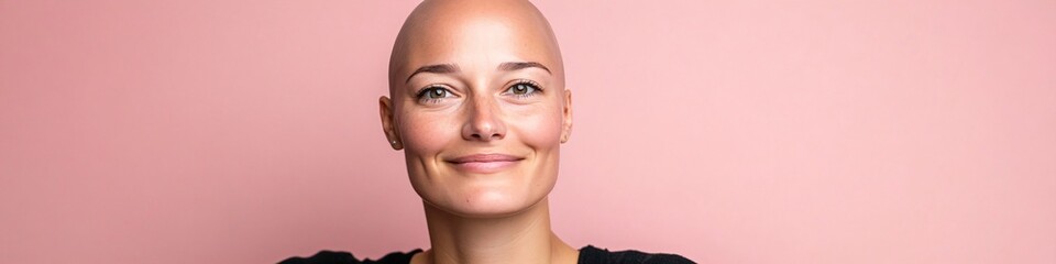 Confident bald woman smiling on pink background. Studio portrait style. Breast cancer awareness and women's empowerment concept. Design for health campaigns and female strength initiatives