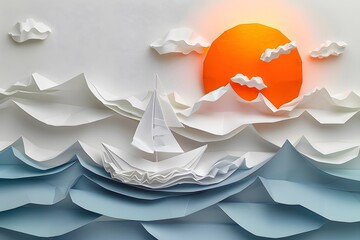 Wall Mural - Whimsical Paper Art of a Sailboat at Sunset