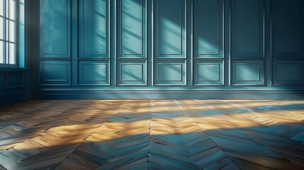 Canvas Print - Empty living room interior perspective of wooden parquet floor and dark blue wall with abstract sunlight shadows : Generative AI