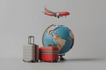 3d render of travel concept with suitcases, globe and plane flying around it on white background. Travel poster design template for vacation advertising banner,