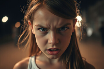 Wall Mural - Close Up Of Angry Young Girl At Night