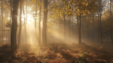 Canvas Print - Golden Sunlight Filtering Through Foggy Forest Trees