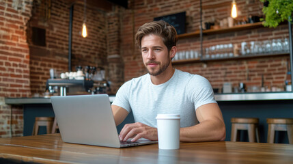 Poster - A man sitting at a table with his laptop open, AI