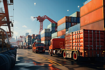 Busy port with trucks and cranes in sun