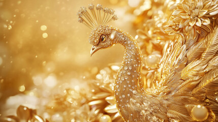 3D illustration of two gold peacocks with gold flowers and ornaments, designed as a decorative wallpaper.