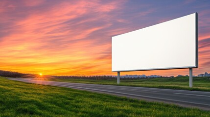 Sticker - A billboard on a road at sunset with the sun setting, AI